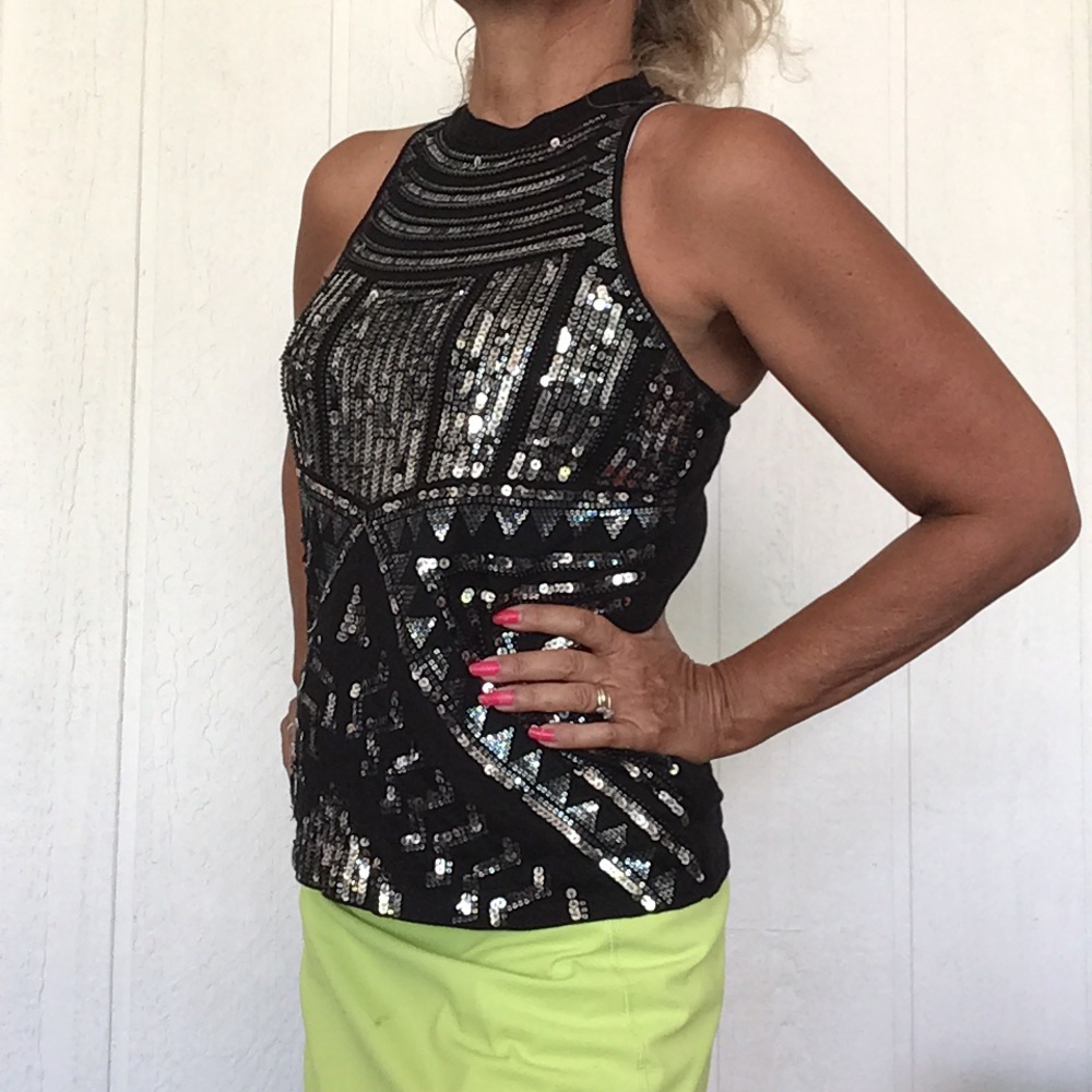 EXPRESS BLACK SEQUIN FRONT HALTER NECK TANK TOP… - Picture 4 of 12